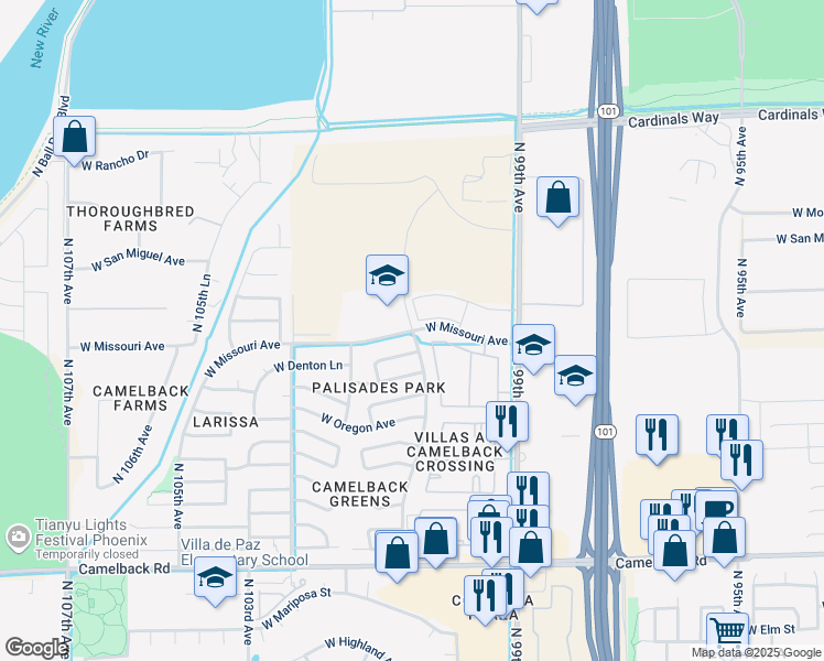 map of restaurants, bars, coffee shops, grocery stores, and more near 9999 West Missouri Avenue in Glendale