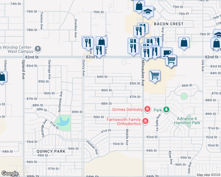 map of restaurants, bars, coffee shops, grocery stores, and more near 6704 86th Street in Lubbock
