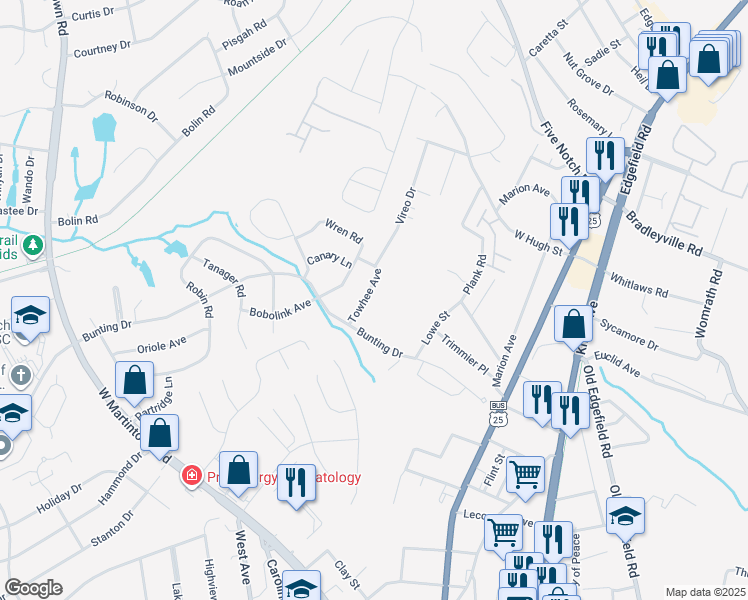 map of restaurants, bars, coffee shops, grocery stores, and more near 2009 Towhee Avenue in North Augusta