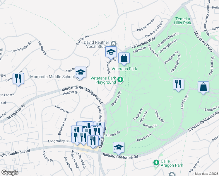 map of restaurants, bars, coffee shops, grocery stores, and more near 41606 Yankee Run Court in Temecula