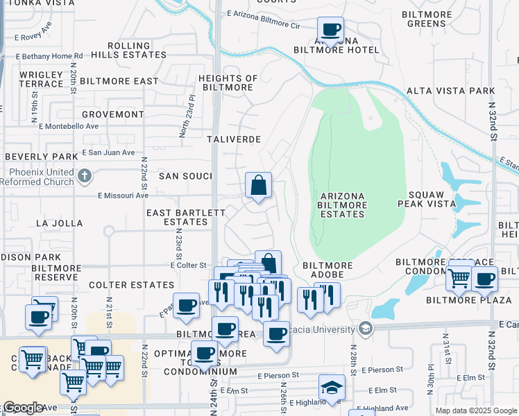 map of restaurants, bars, coffee shops, grocery stores, and more near 2550 East Denton Lane in Phoenix