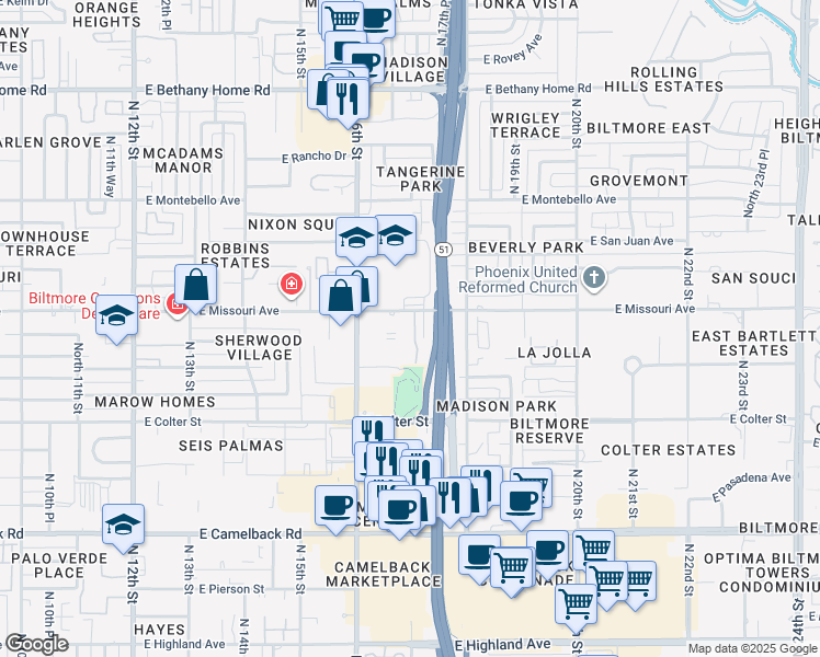 map of restaurants, bars, coffee shops, grocery stores, and more near 5338 North Las Casitas Place in Phoenix