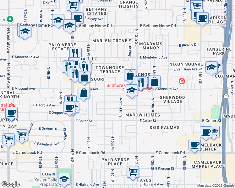 map of restaurants, bars, coffee shops, grocery stores, and more near 1038 East Denton Lane in Phoenix