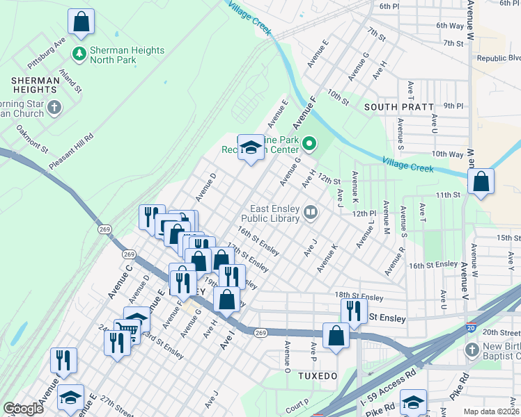 map of restaurants, bars, coffee shops, grocery stores, and more near 1412 Avenue G in Birmingham