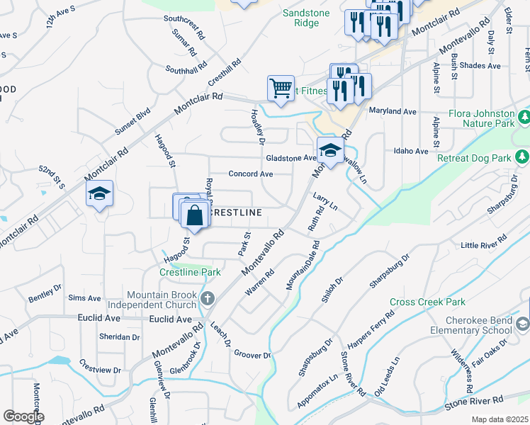 map of restaurants, bars, coffee shops, grocery stores, and more near 1235 Regal Avenue in Birmingham