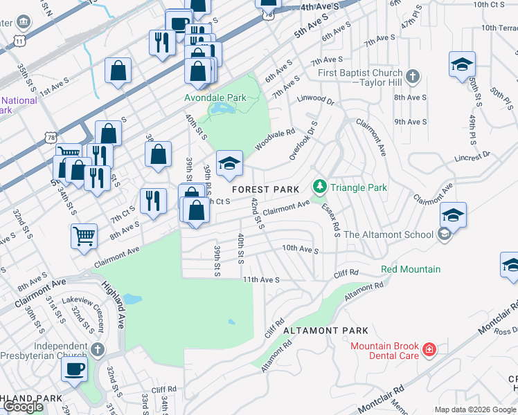 map of restaurants, bars, coffee shops, grocery stores, and more near 4216 Clairmont Avenue in Birmingham
