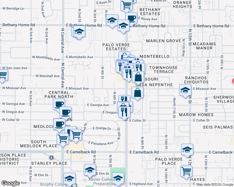 map of restaurants, bars, coffee shops, grocery stores, and more near 5335 North 6th Street in Phoenix