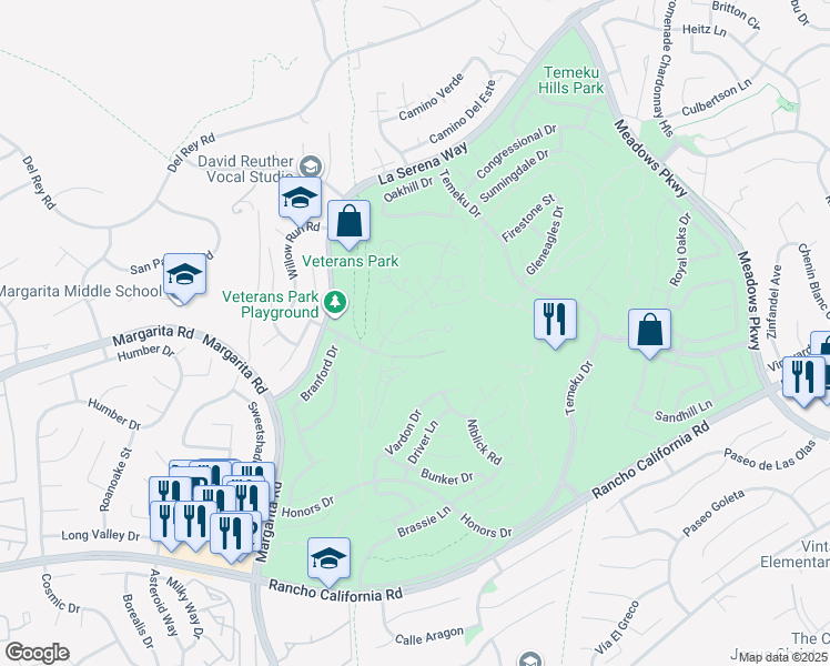 map of restaurants, bars, coffee shops, grocery stores, and more near 149 Lily Lane in Temecula
