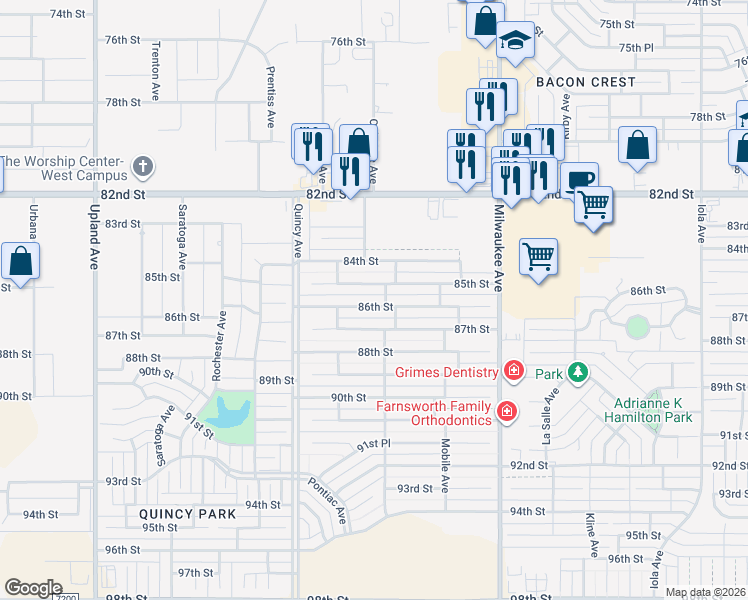 map of restaurants, bars, coffee shops, grocery stores, and more near 6710 86th St in Lubbock