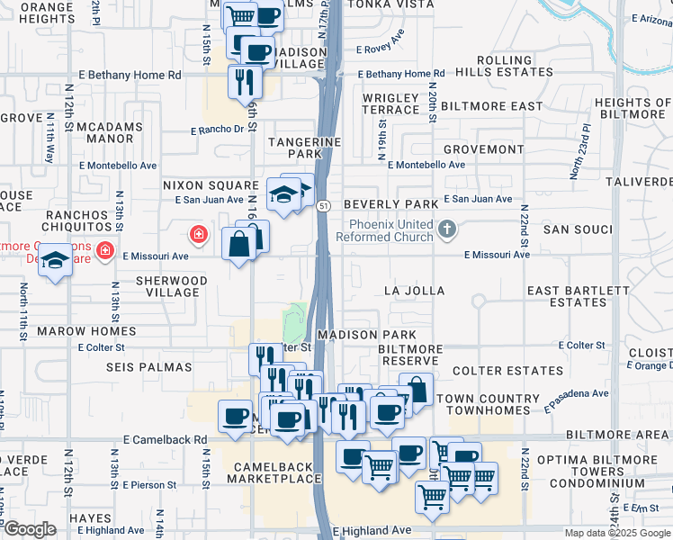 map of restaurants, bars, coffee shops, grocery stores, and more near 5336 North 18th Street in Phoenix