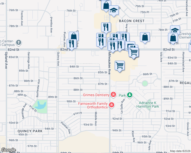 map of restaurants, bars, coffee shops, grocery stores, and more near 6528 86th St in Lubbock