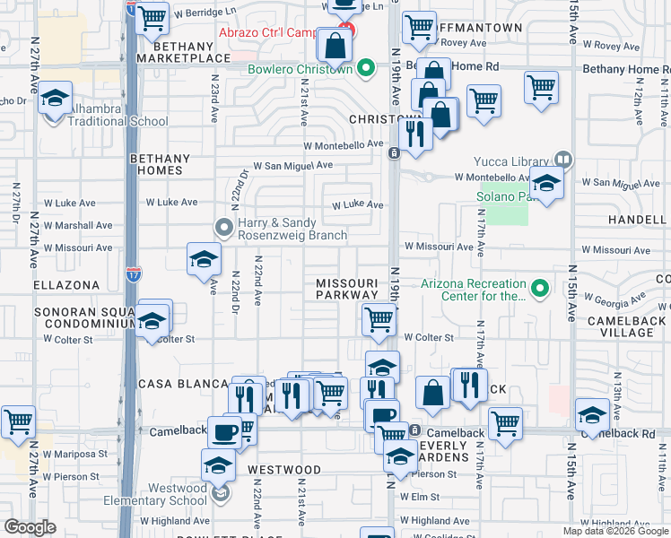 map of restaurants, bars, coffee shops, grocery stores, and more near 2015 West Denton Lane in Phoenix
