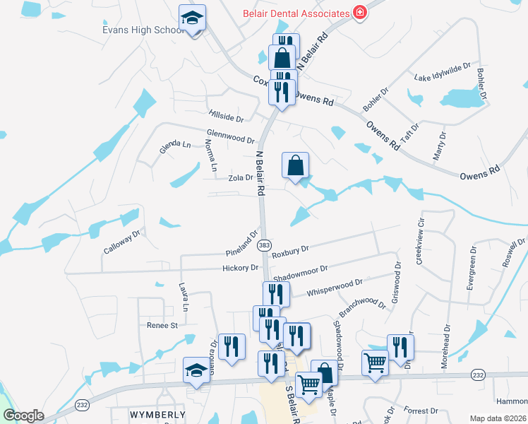 map of restaurants, bars, coffee shops, grocery stores, and more near 217 Georgia 383 in Evans