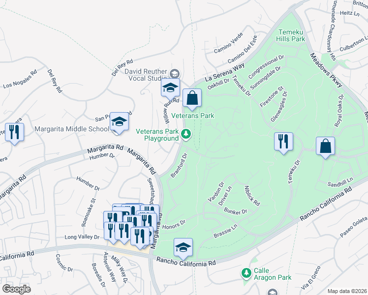map of restaurants, bars, coffee shops, grocery stores, and more near 31115 South General Kearny Road in Temecula
