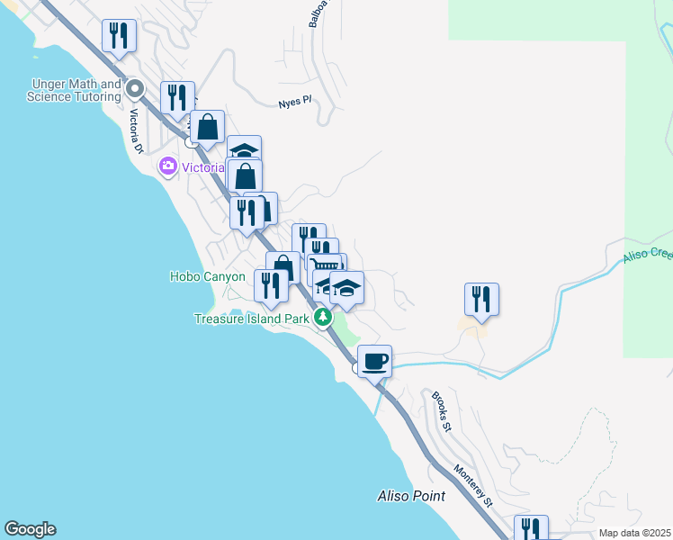 map of restaurants, bars, coffee shops, grocery stores, and more near 30692 Marilyn Drive in Laguna Beach