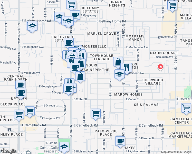 map of restaurants, bars, coffee shops, grocery stores, and more near 1002 East Denton Lane in Phoenix