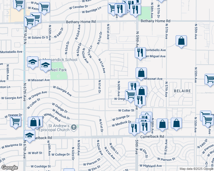 map of restaurants, bars, coffee shops, grocery stores, and more near 5347 North 61st Avenue in Glendale