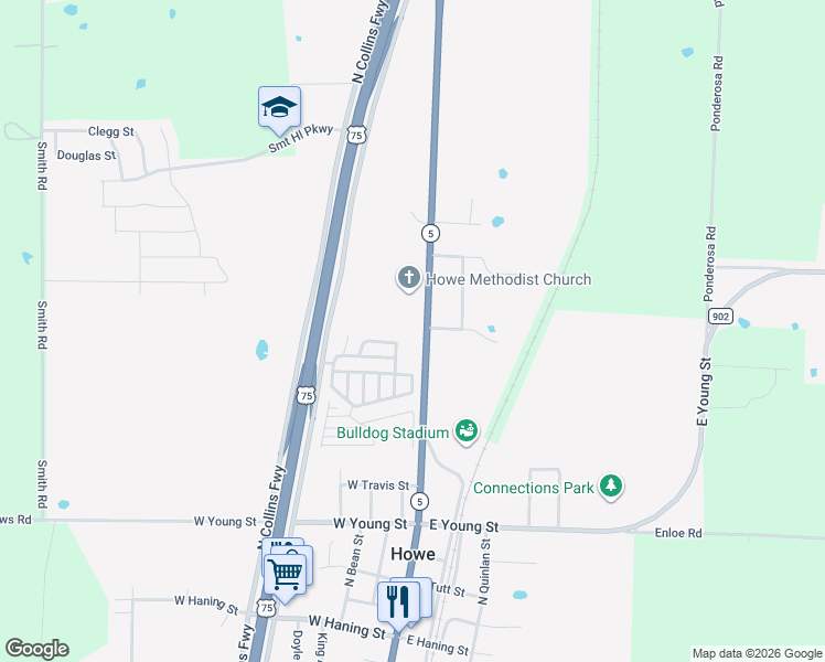 map of restaurants, bars, coffee shops, grocery stores, and more near 720 North Denny Street in Howe