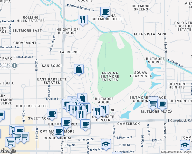 map of restaurants, bars, coffee shops, grocery stores, and more near 35 Biltmore Estates Drive in Phoenix