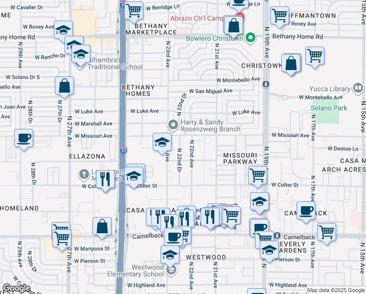 map of restaurants, bars, coffee shops, grocery stores, and more near 5325 North 22nd Drive in Phoenix