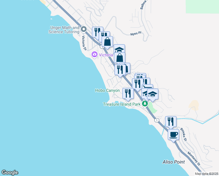 map of restaurants, bars, coffee shops, grocery stores, and more near 88 Blue Lagoon in Laguna Beach