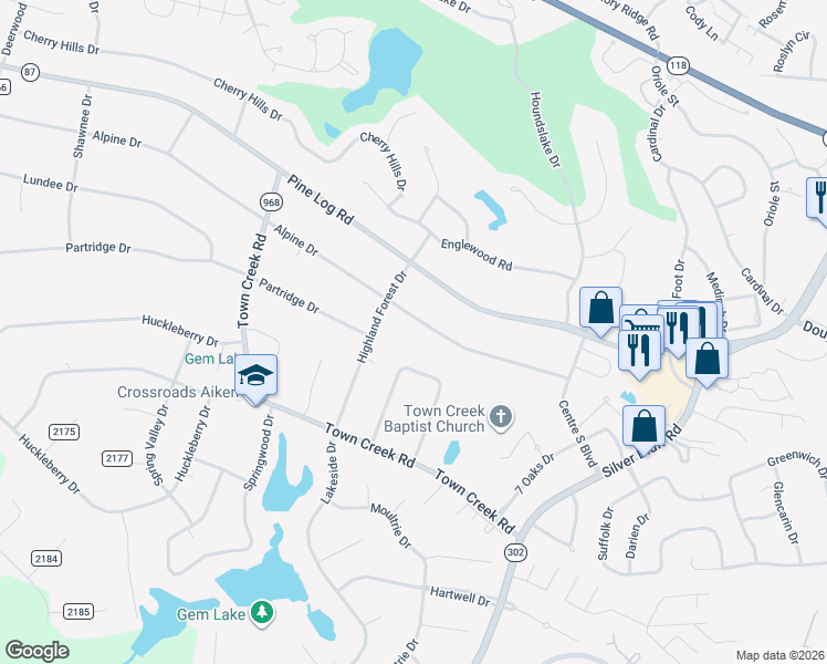 map of restaurants, bars, coffee shops, grocery stores, and more near 1439 Alpine Drive in Aiken
