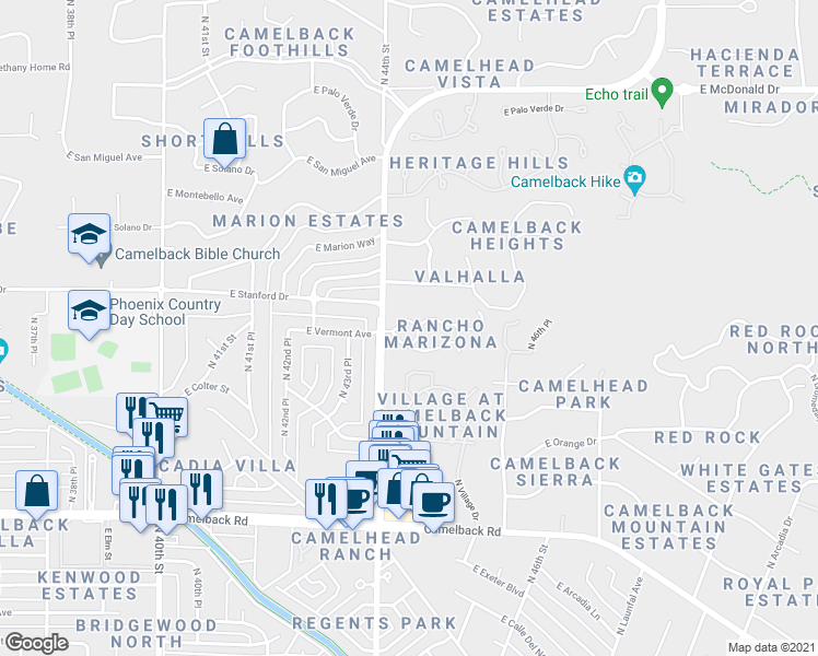 map of restaurants, bars, coffee shops, grocery stores, and more near 4419 E Vermont Ave N in Phoenix