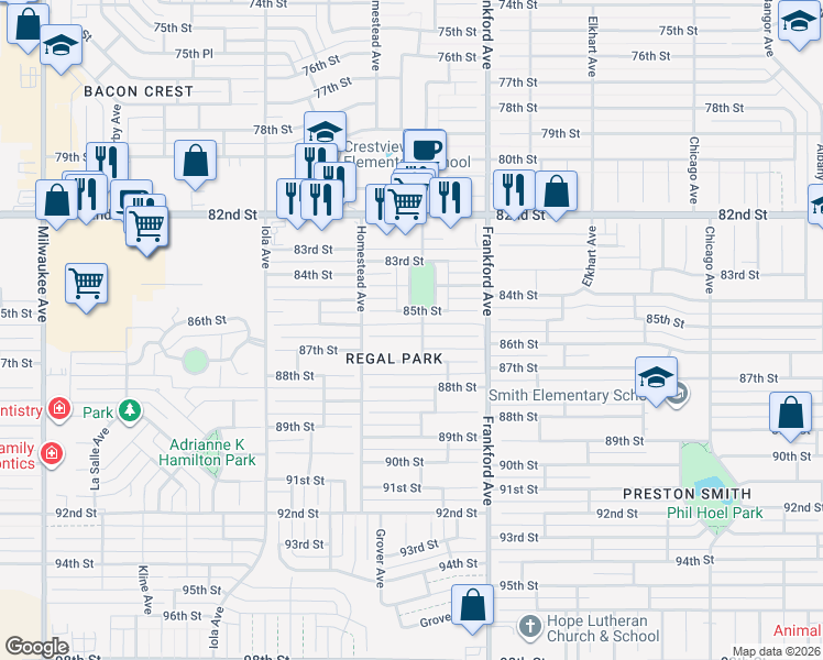 map of restaurants, bars, coffee shops, grocery stores, and more near 5906 86th Street in Lubbock