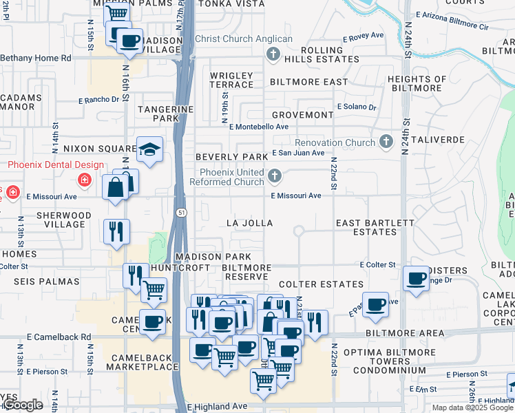 map of restaurants, bars, coffee shops, grocery stores, and more near 1939 East Missouri Avenue in Phoenix