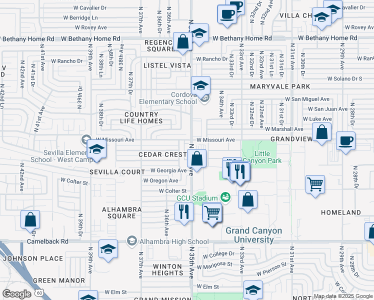 map of restaurants, bars, coffee shops, grocery stores, and more near 5317 North 35th Avenue in Phoenix