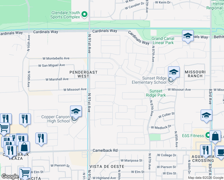 map of restaurants, bars, coffee shops, grocery stores, and more near 9004 West Missouri Avenue in Glendale