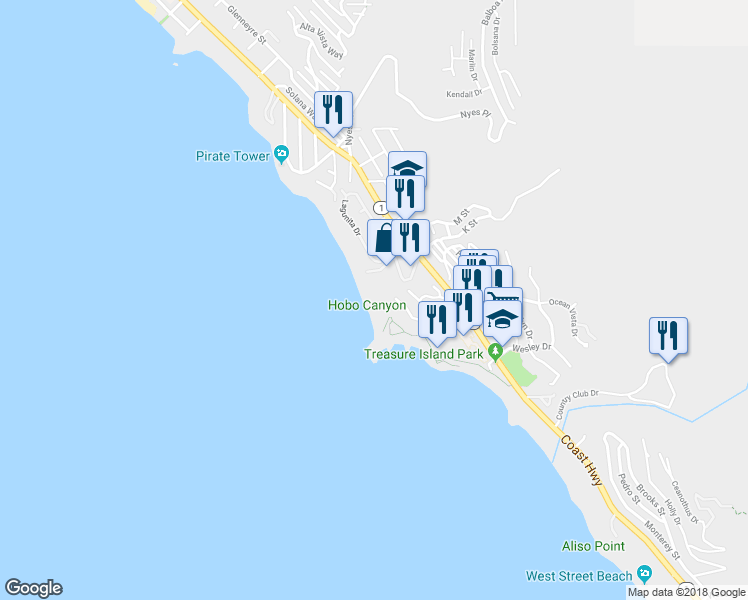 map of restaurants, bars, coffee shops, grocery stores, and more near 88 Blue Lagoon in Laguna Beach