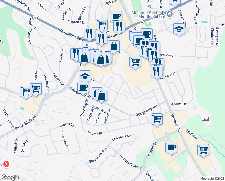 map of restaurants, bars, coffee shops, grocery stores, and more near 100 Kelly Drive in Aiken