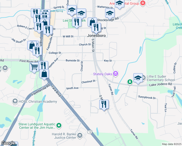 map of restaurants, bars, coffee shops, grocery stores, and more near 191 Cloud Street in Jonesboro