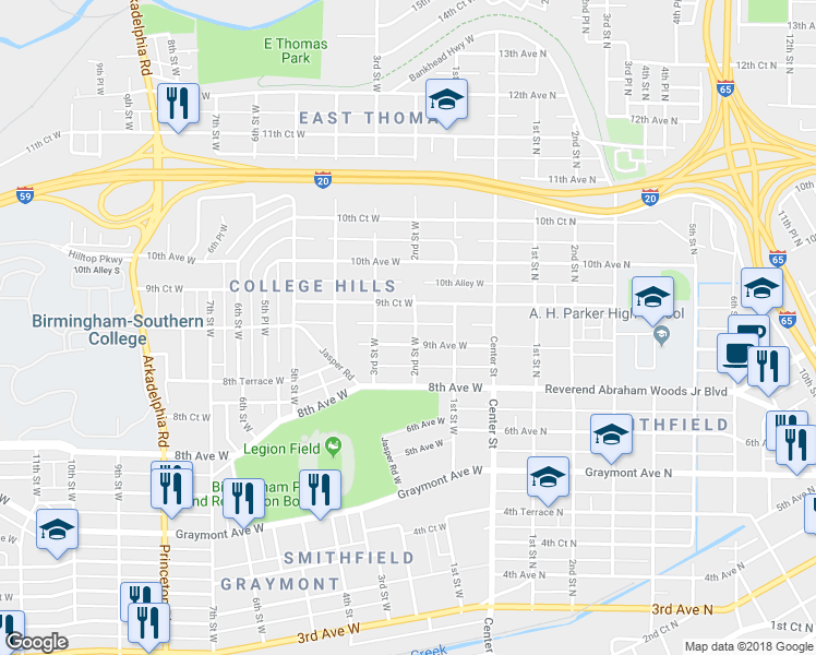 map of restaurants, bars, coffee shops, grocery stores, and more near 908 2nd Street West in Birmingham