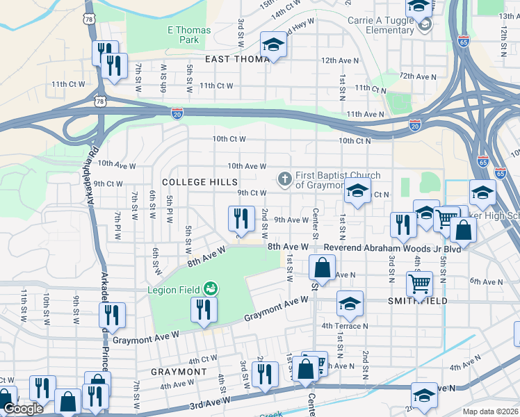 map of restaurants, bars, coffee shops, grocery stores, and more near 908 2nd Street West in Birmingham