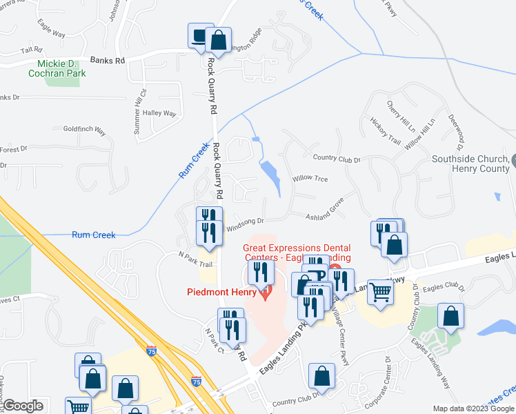 map of restaurants, bars, coffee shops, grocery stores, and more near 101 Ivy Manor in Stockbridge