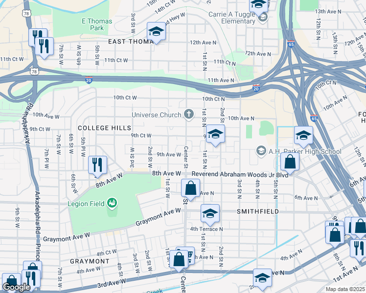 map of restaurants, bars, coffee shops, grocery stores, and more near 914 Center Street in Birmingham