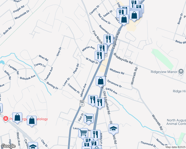 map of restaurants, bars, coffee shops, grocery stores, and more near 1740 Georgia Avenue in North Augusta