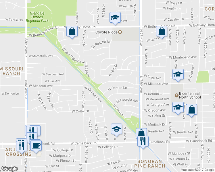 map of restaurants, bars, coffee shops, grocery stores, and more near 5455 North 77th Drive in Glendale
