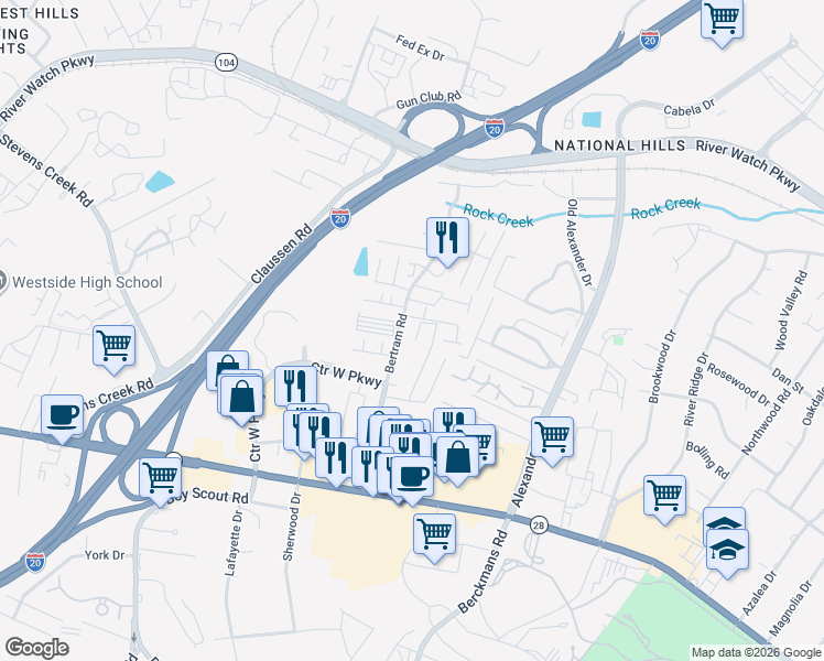 map of restaurants, bars, coffee shops, grocery stores, and more near 293 Napa Drive in Augusta