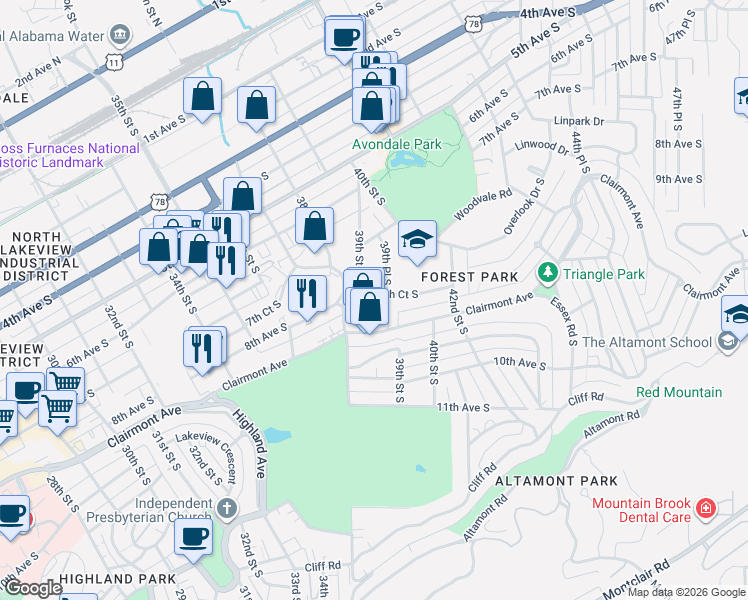 map of restaurants, bars, coffee shops, grocery stores, and more near 3911 8th Court South in Birmingham