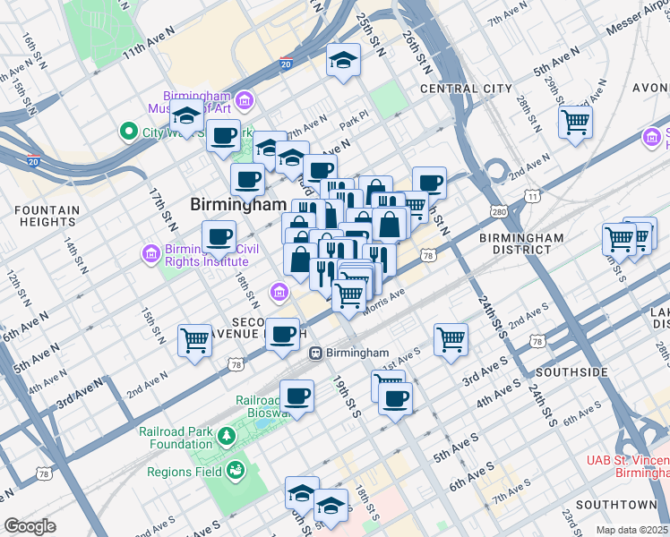 map of restaurants, bars, coffee shops, grocery stores, and more near 2030 2nd Avenue North in Birmingham