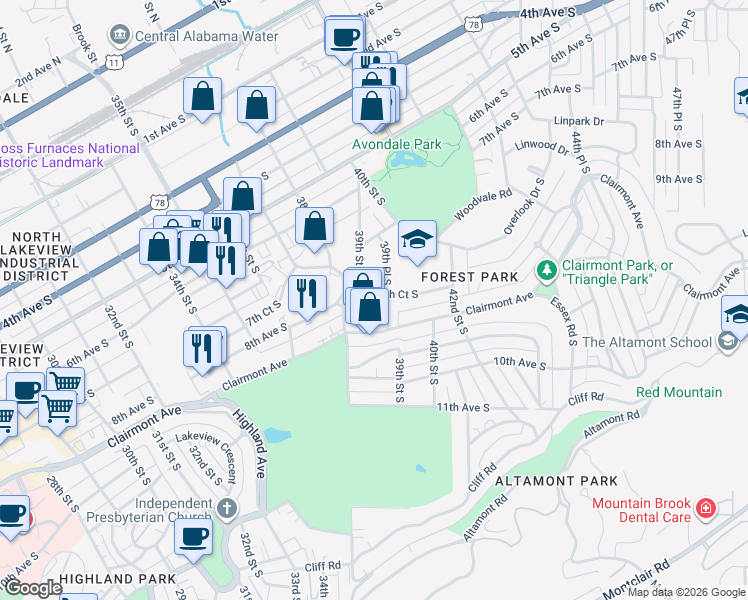map of restaurants, bars, coffee shops, grocery stores, and more near 3911 8th Court South in Birmingham