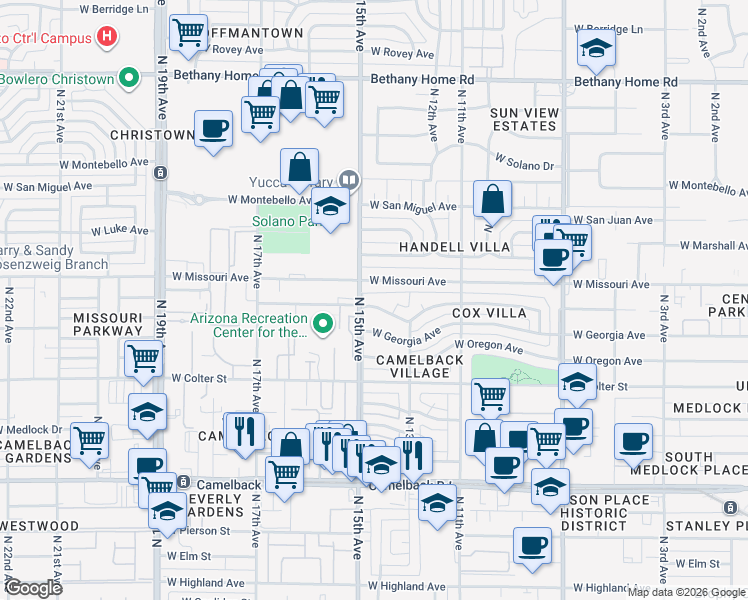 map of restaurants, bars, coffee shops, grocery stores, and more near 1334 West Vermont Avenue in Phoenix