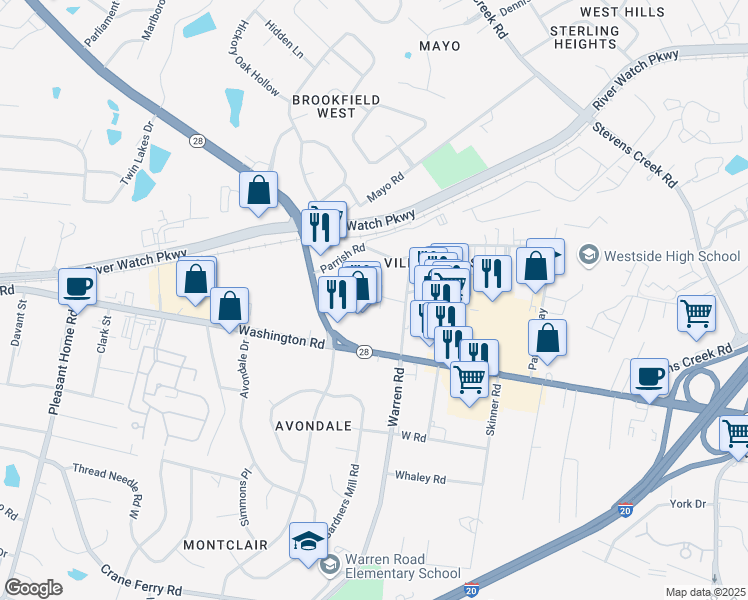 map of restaurants, bars, coffee shops, grocery stores, and more near 3120 Village West Drive in Augusta