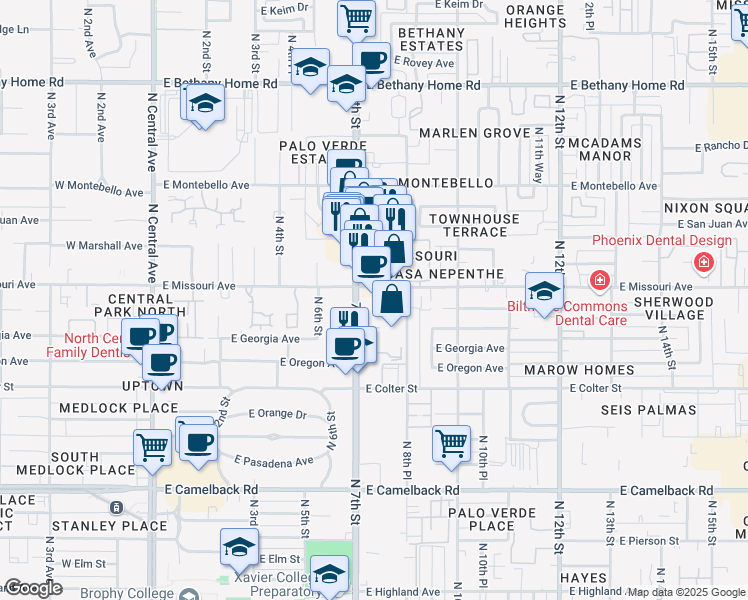 map of restaurants, bars, coffee shops, grocery stores, and more near 777 East Missouri Avenue in Phoenix