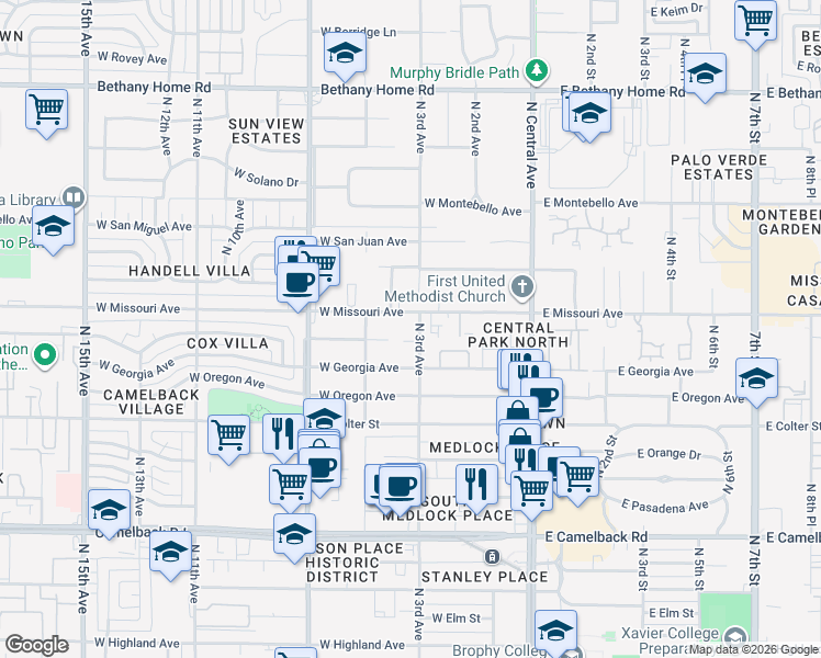 map of restaurants, bars, coffee shops, grocery stores, and more near 5334 North 3rd Avenue in Phoenix