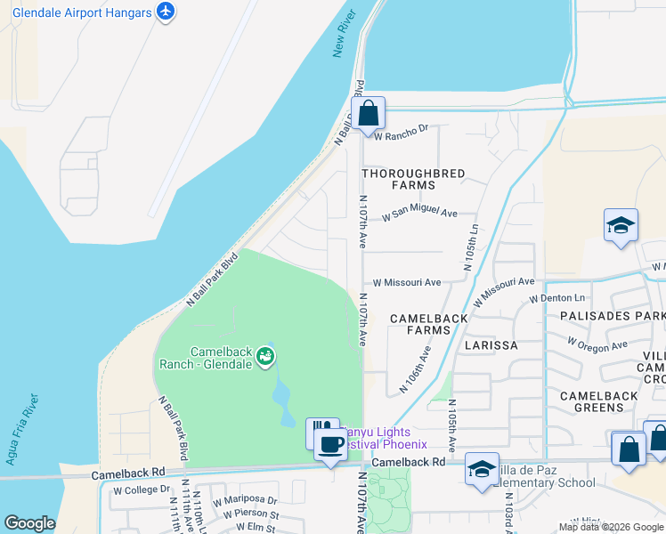map of restaurants, bars, coffee shops, grocery stores, and more near 5525 North 108th Avenue in Phoenix