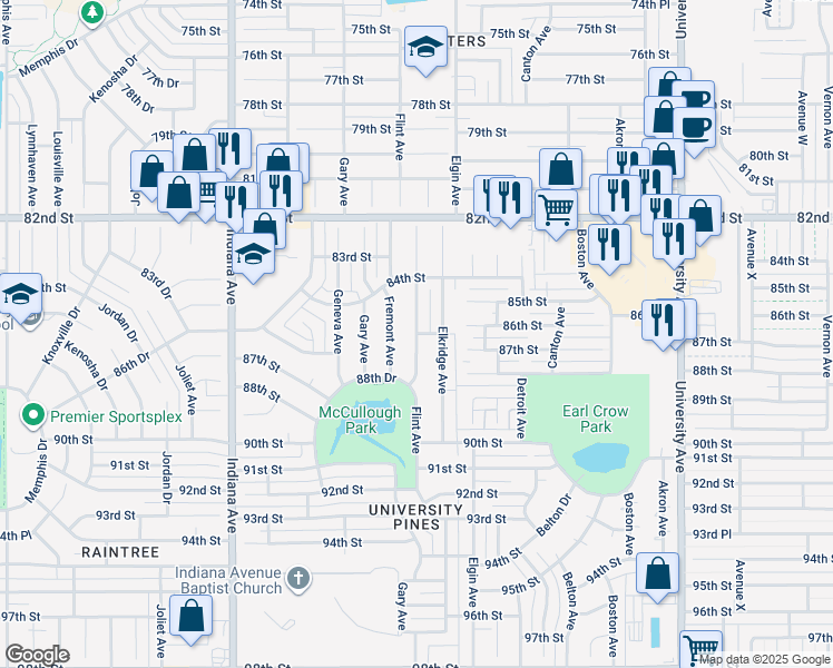 map of restaurants, bars, coffee shops, grocery stores, and more near Flint Avenue in Lubbock